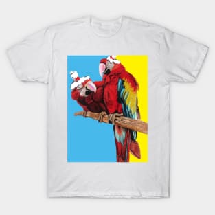 Christmas Macaw - Here Comes Santa Macaws! - on Blue and Yellow T-Shirt